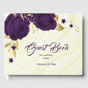 chic royal purple floral gold leaves guest book