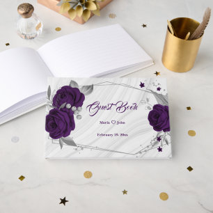chic royal purple floral silver leaves geometric guest book