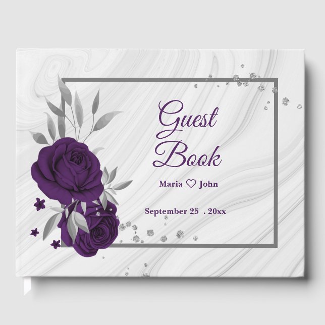 chic royal purple floral silver leaves geometric guest book (Front)