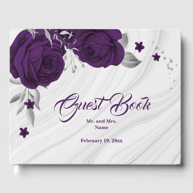 chic royal purple floral silver leaves guest book (Front)
