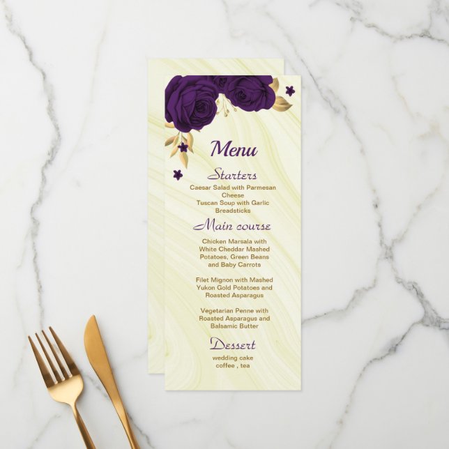 chic royal purple gold floral wedding menu (Front/Back In Situ)