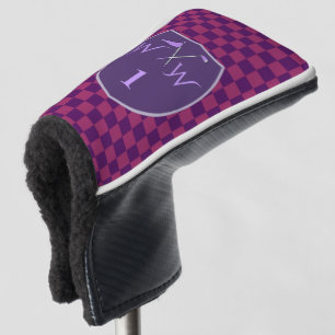 Chic Royal Purple & Magenta Chequered Monogram Golf Head Cover