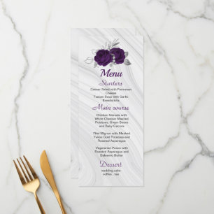 chic royal purple silver grey floral wedding menu
