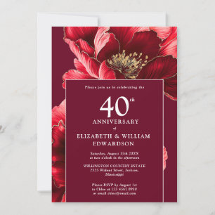 Chic Ruby Red Elegant Floral 40th Anniversary Invitation