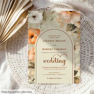 Chic Rustic Boho Copper Beige Olive Floral Wedding Invitation