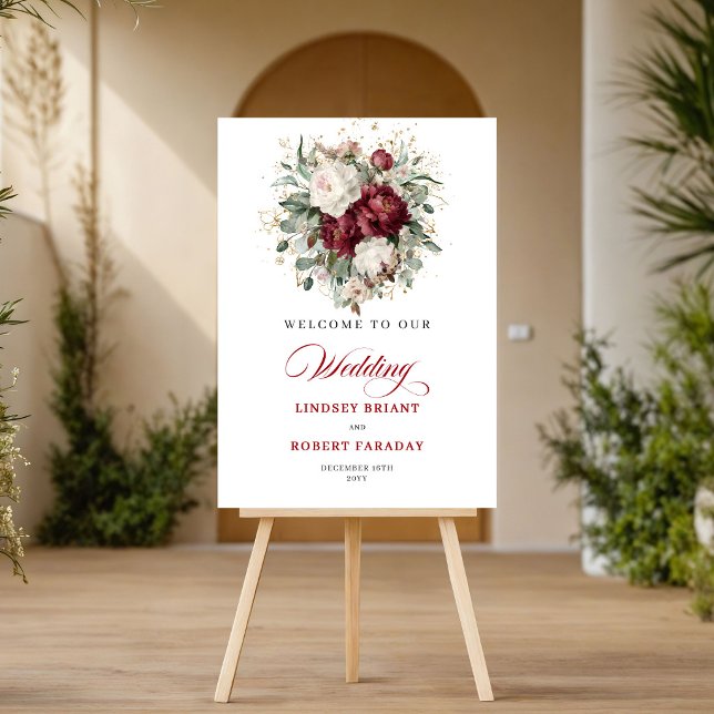 Chic Rustic Burgundy Floral Eucalyptus Welcome  Poster (Chic Rustic Burgundy Floral Eucalyptus Welcome Poster)