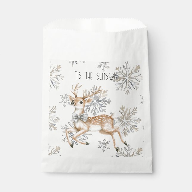 Chic Rustic Christmas Cream Deer Snowflakes Favour Bag (Front)