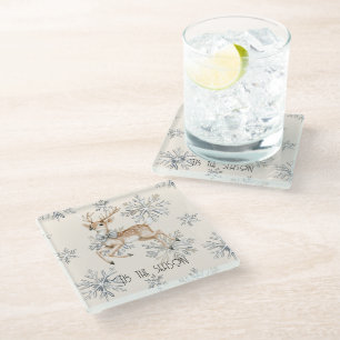 Chic Rustic Christmas Cream Deer Snowflakes Glass Coaster