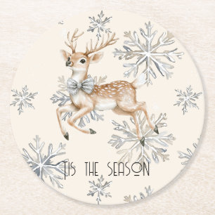 Chic Rustic Christmas Cream Deer Snowflakes Round Paper Coaster