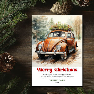 Chic rustic Christmas scene red car card style