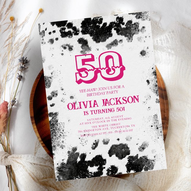 Chic Rustic Cow Print Hot Pink 50th Birthday Party Invitation (Creator Uploaded)