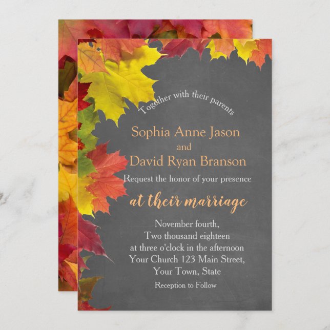 Chic Rustic Fall Leaves Chalkboard Wedding Invitation (Front/Back)