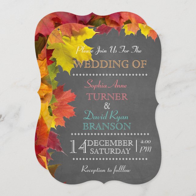 Chic Rustic Fall Leaves Chalkboard Wedding Invite (Front/Back)