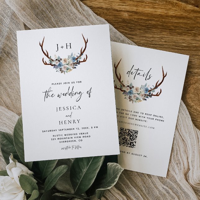 Chic Rustic Floral Antlers QR Code Wedding Invitation (Creator Uploaded)