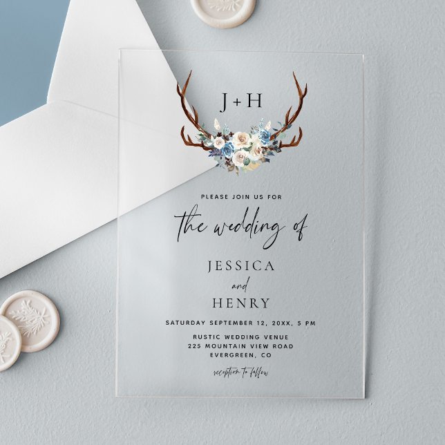 Chic Rustic Floral Antlers Wedding Acrylic Invitations (Creator Uploaded)