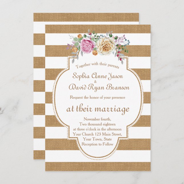 Chic Rustic Floral Burlap Stripes Wedding Invite (Front/Back)
