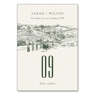 Chic Rustic Green Winery Mountain Sketch Wedding Table Number