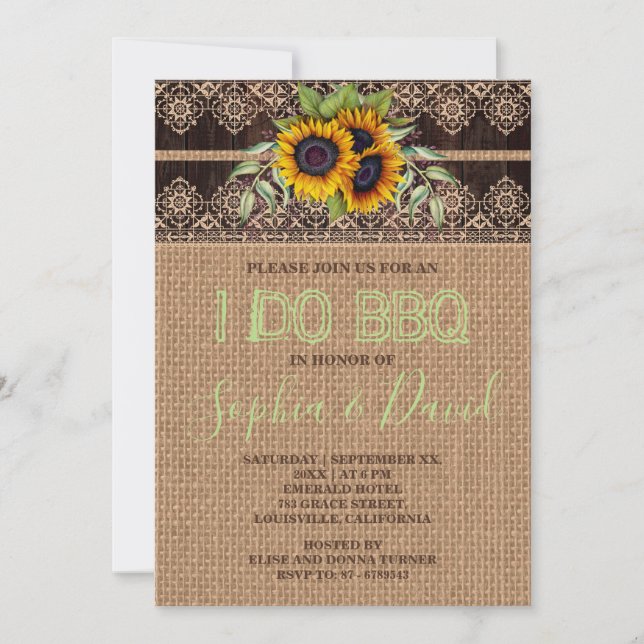 Chic Rustic Lace Sunflowers Burlap Wood I DO BBQ Invitation (Front)