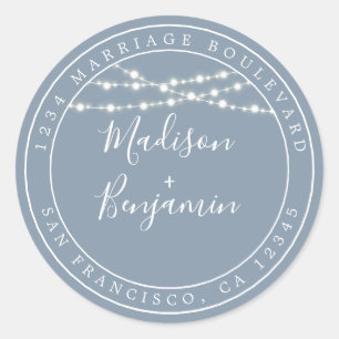 Chic Rustic Lights Blue Wedding Return Address Classic Round Sticker