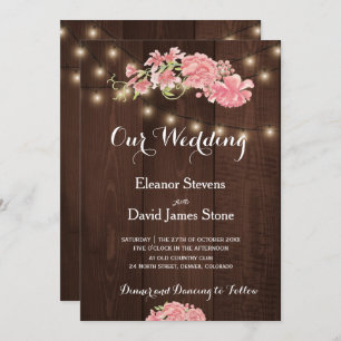 Chic rustic lights blush peonies barn wood wedding invitation