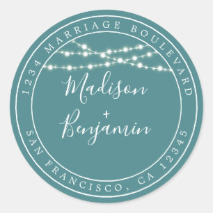 Chic Rustic Lights Teal Wedding Return Address Classic Round Sticker