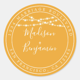 Chic Rustic Lights Yellow Wedding Return Address Classic Round Sticker