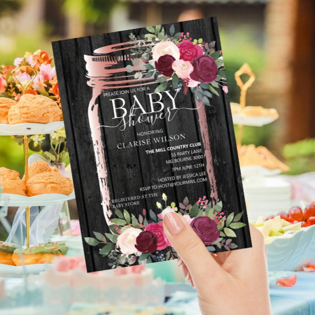 Chic Rustic Mason Jar Rose Gold Baby Shower Invitation (Creator Uploaded)
