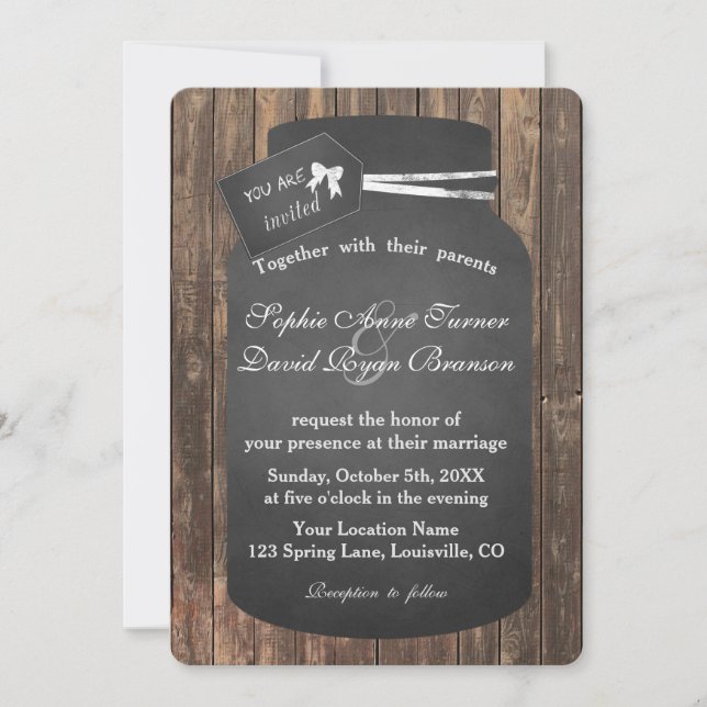 Chic Rustic Mason Unique Jar Chalkboard Wedding Invitation (Front)