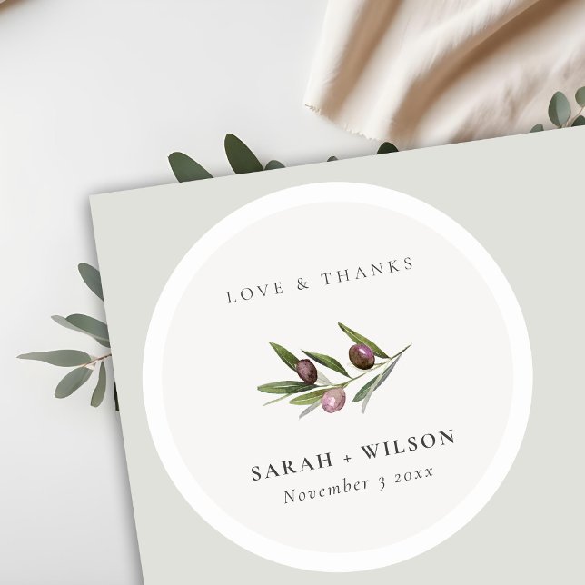 Chic Rustic Minimal Olive Branch Foliage Wedding Classic Round Sticker (Creator Uploaded)