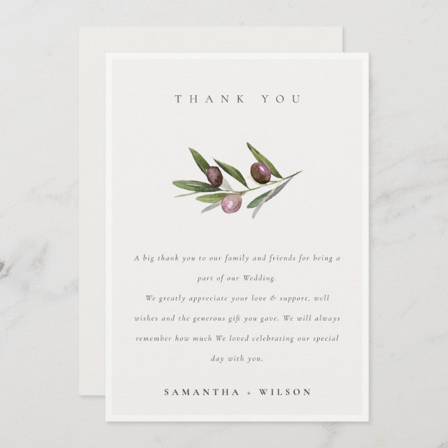 Chic Rustic Minimal Olive Branch Foliage Wedding Thank You Card (Front/Back)