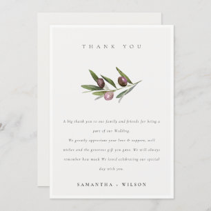 Chic Rustic Minimal Olive Branch Foliage Wedding Thank You Card