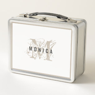 Chic Rustic Modern Beige Monogram  Metal Lunch Box