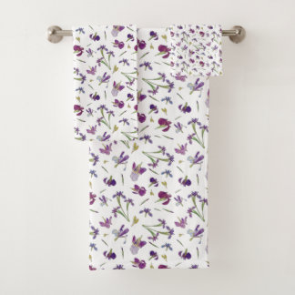Chic Rustic Purple Watercolor Iris Flowers Pattern Bath Towel Set