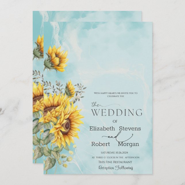 Chic Rustic Sunflowers Blue Wedding  Invitation (Front/Back)