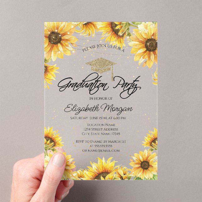 Chic Rustic Sunflowers,String Lights Graduation  Acrylic Invitations (Insitu (Handheld))