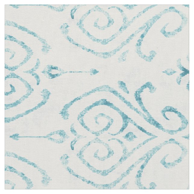 Chic rustic turquoise white ikat tribal patterns fabric (Close Up)