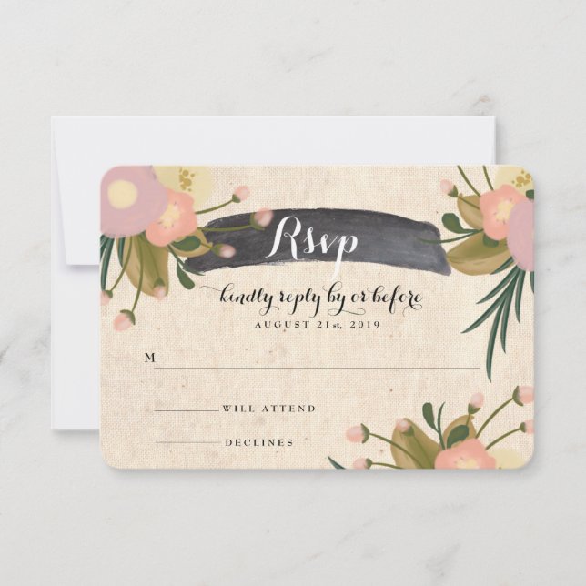 Chic Rustic Watercolor Floral Canvas Wedding RSVP Card (Front)