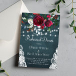 Chic rustic winter floral wedding rehearsal dinner invitation<br><div class="desc">Rustic elegant winter wedding rehearsl dinner stylish invitation template on a dark midnight blue chalkboard featuring a beautiful dark red burgundy and white peonies bouquet with hunter green foliage, strings of white twinkle lights, lace corners, and a chic typography script. Easy to personalise with your details! The invitation is suitable...</div>