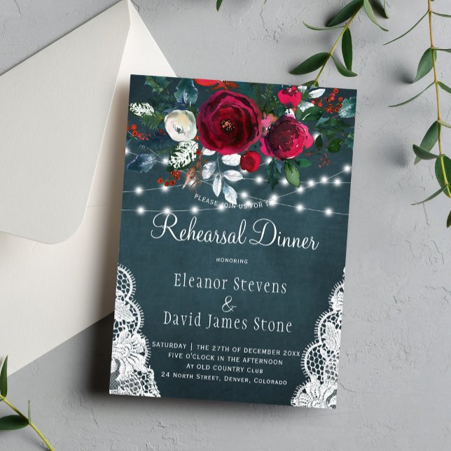 Chic rustic winter floral wedding rehearsal dinner invitation (Creator Uploaded)
