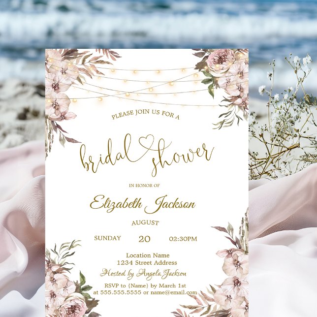 Chic Rustical Flowers String Lights Bridal Shower Invitation (Creator Uploaded)