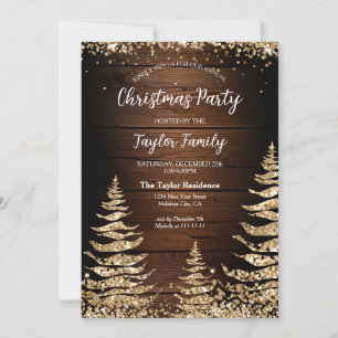Chic RusticWood Glitter Christmas Tree Party Invitation