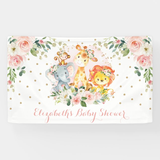 Chic Safari Jungle Animals Blush Floral Baby Girl Banner (Horizontal)