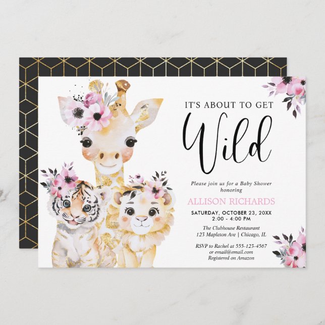 Chic safari pink black gold girl baby shower invitation (Front/Back)