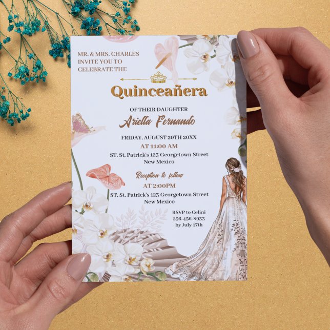 Chic Sage & Blush Floral Quinceañera Invitation (Chic Sage & Blush Floral Quinceañera Invitation with Gold Accents)