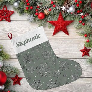 Chic Sage Christmas w/ Elegant Snowflakes Large Christmas Stocking