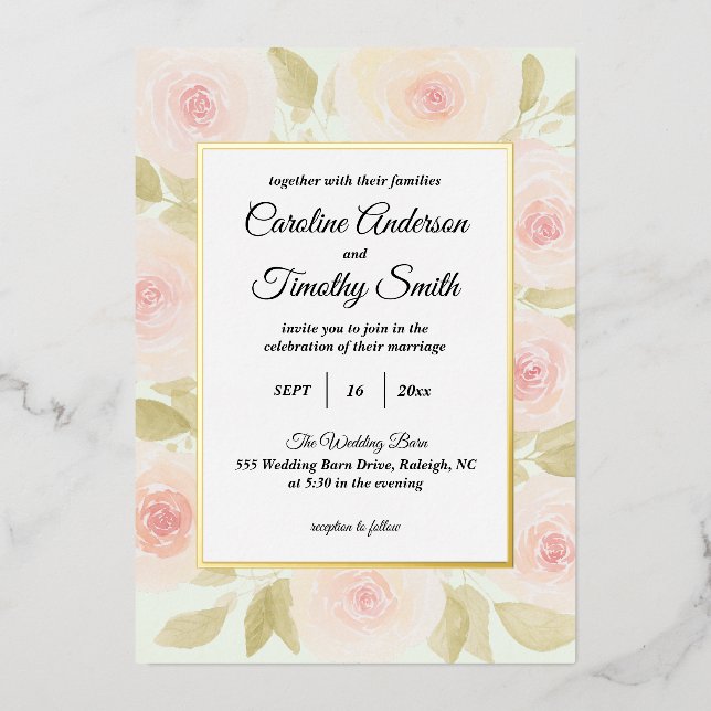 Chic Sage Green and Pink Rose Watercolor Wedding (Front)
