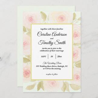 Chic Sage Green and Pink Rose Watercolor Wedding Invitation