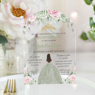 Chic Sage Green Baby Pink Floral Dress Quinceañera Acrylic Invitations