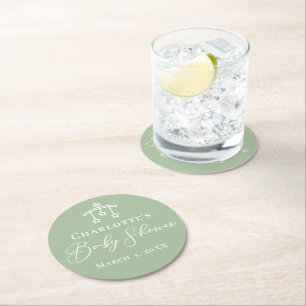 Chic Sage Green Baby Shower Personalised Round Paper Coaster