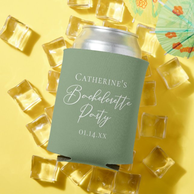 Chic Sage Green Bachelorette Party Personalised Can Cooler (In Situ Summer)